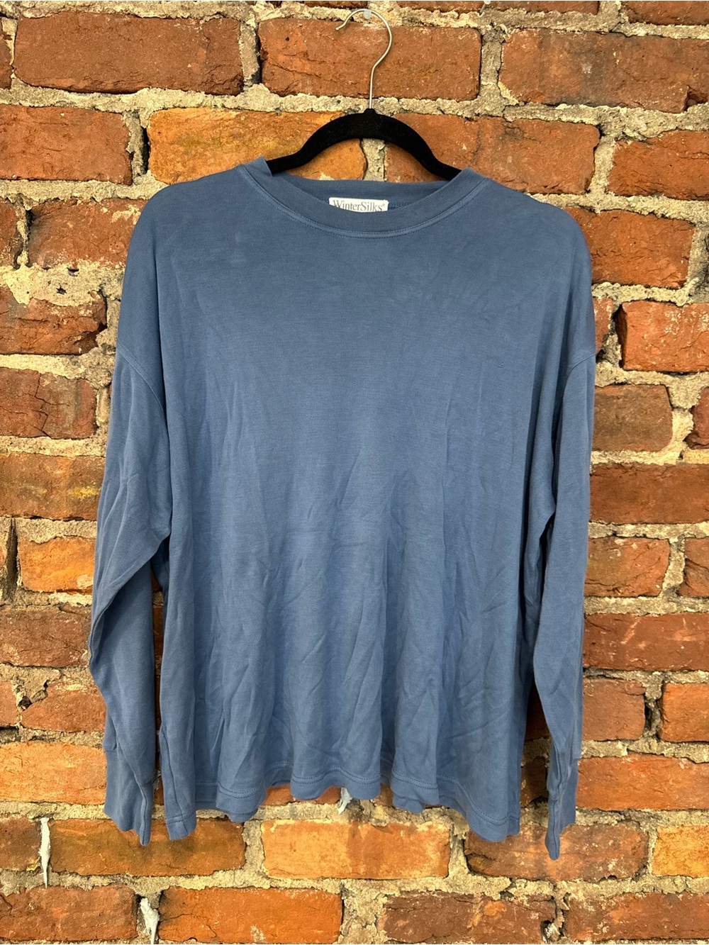 Vintage WinterSilks Men's Blue Long Sleeve Crewneck Base Layer Shirt (100% Silk)